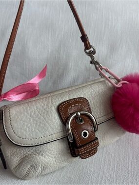 Women’s Cream and Brown Leather Shoulder Bag with Pink Pom Pom